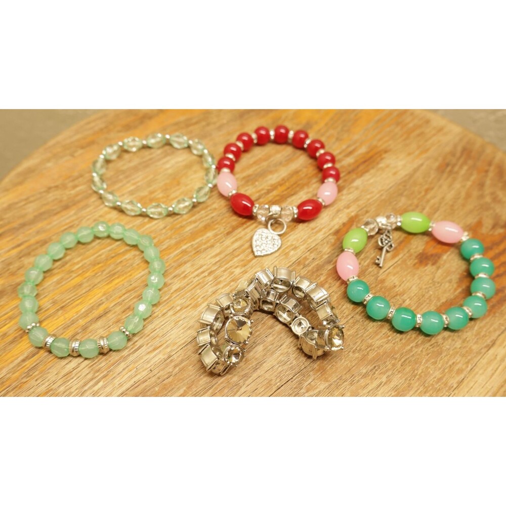 Beaded Bracelet Lot 5 Pc Stretch Stackable Charms Heart Key Crystal Rhinestone